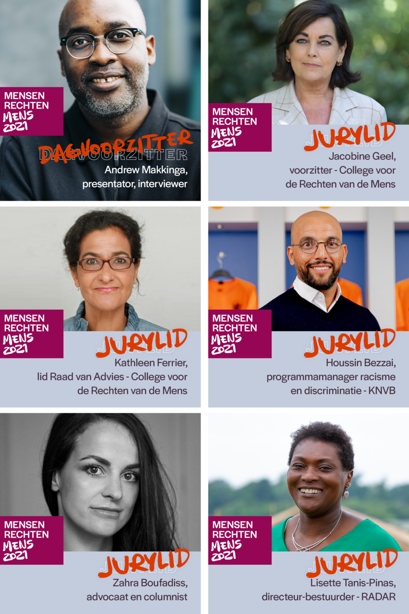 Dagvoorzitter Andrew / Juryleden Jacobine Geel, Kathleen Ferrier, Houssin Bessai, Zahra Boufadiss, Lisette Tanis-Pinas