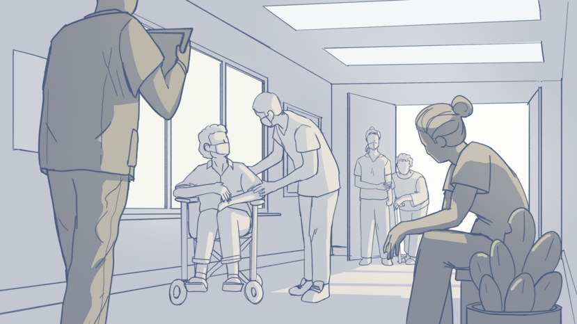 Illustratie van een ziekenhuisgang. Personeel en patiënten dragen mondkapjes. Iemand uit de verpleging is vermoeid en rust uit op een bankje.